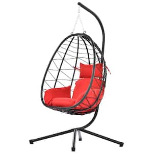 Black Steel Egg Chair with Stand, Swing Chair, Patio Wicker Hanging Basket Chair, Hammock Chair with Red Cushions