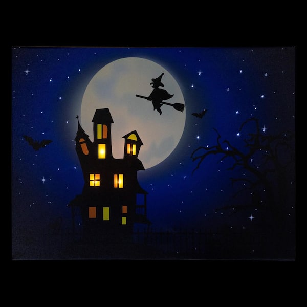 12 in. x 15.75 in. Fiber Optic and LED Lighted Witch in the Moon Halloween Canvas Wall Art