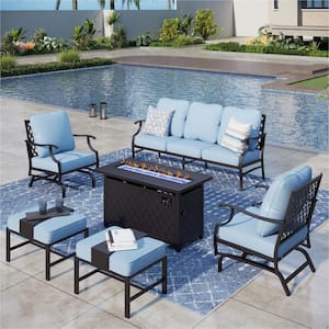 Black Meshed 7 Seat 6-Piece Metal Steel Outdoor Fire Pit Patio Set with Blue Cushions, Black Rectangular Fire Pit Table