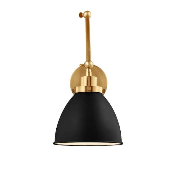 Generation Lighting Wellfleet 7.25 in. W 1-Light Midnight Black/Burnished Brass Double Arm Dome Task Wall Sconce with Steel Shade