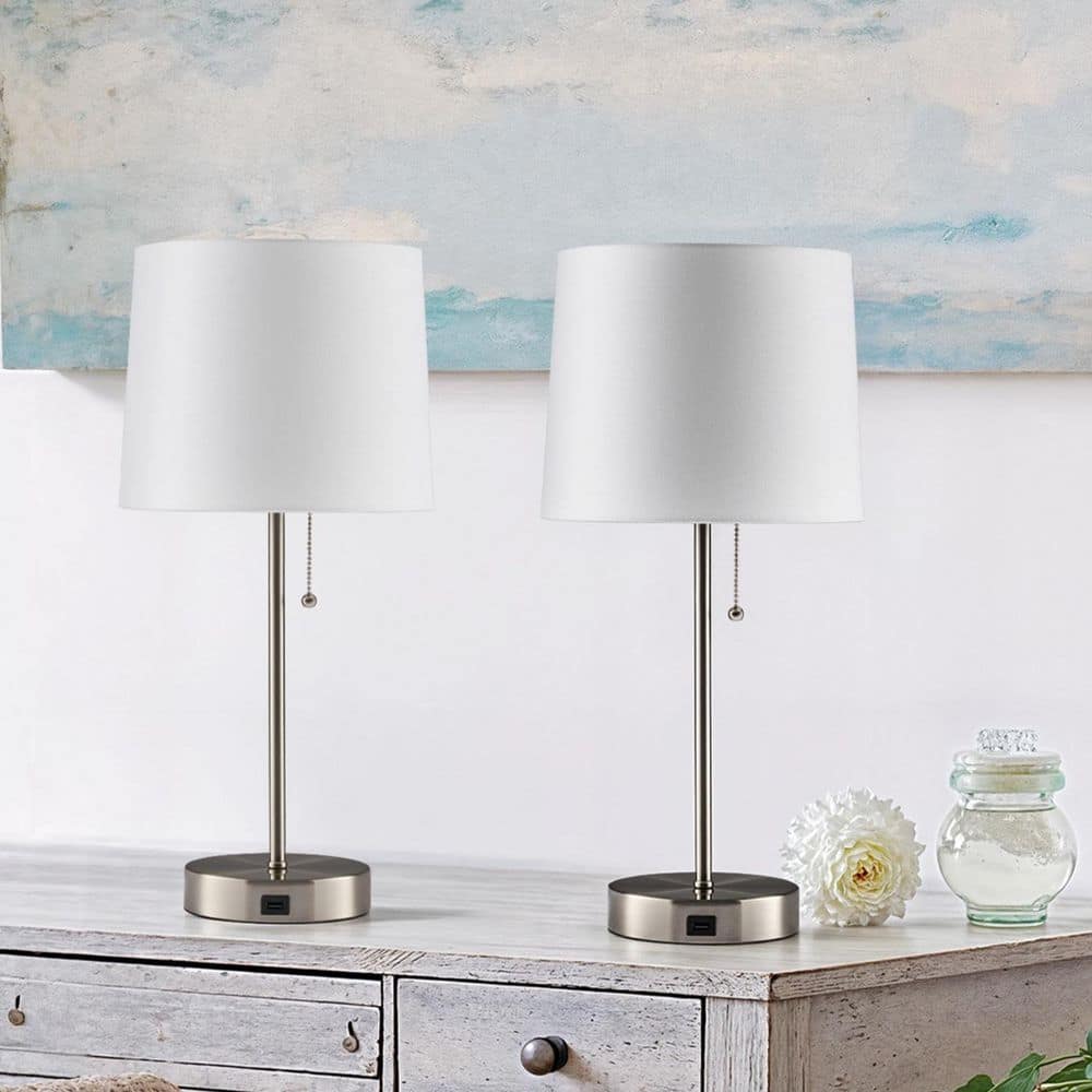 21 in. Brushed Nickel Modern Metal Table Lamp with White Fabric Shade with 2A USB Port (Set of 2) price history on PriceWatchPro