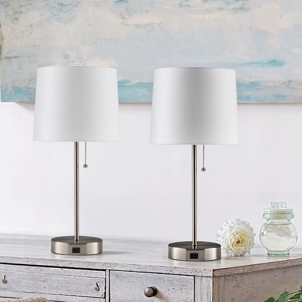 Merra 21 in. Brushed Nickel Modern Metal Table Lamp with White Fabric Shade with 2A USB Port (Set of 2)