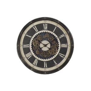 30 in. Dark Brown Round Wall Clock with Moving Bronze Gears Roman Numeral Non-Ticking Quiet Battery Operated