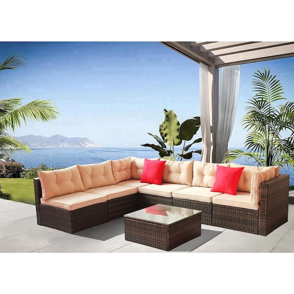 Nestfair 7-Piece Wicker Outdoor Sectional Set with Brown Cushions