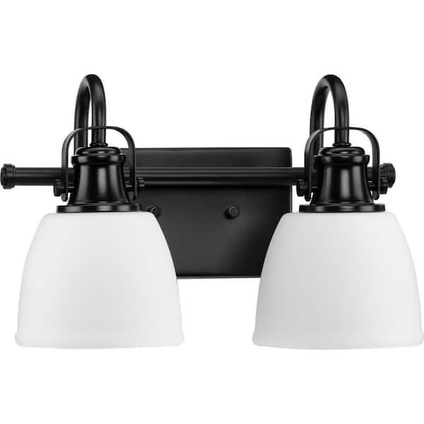 Progress Lighting Preston 14 in. 2-Light Matte Black Vanity Light with Etched Opal Glass Shades