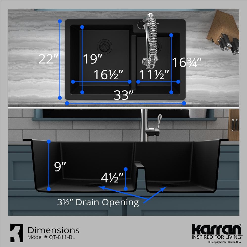 Black Quartz 33'' Double Bowl Top Mount Kitchen Sink