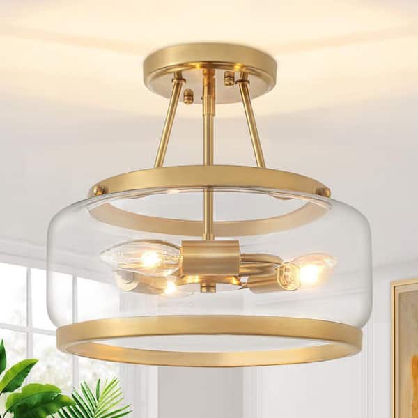 10.7 in. 3-Light Gold Modern Glass Drum Semi Flush Mount Ceiling Light Fixture for Dinning Room