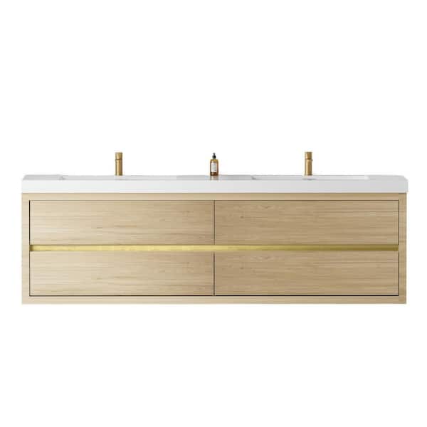 70.87 in. W x 19.69 in. D x 22.44 in. H Wall-Mounted Bath Vanity in Oak Natural Wood with White Resin Top