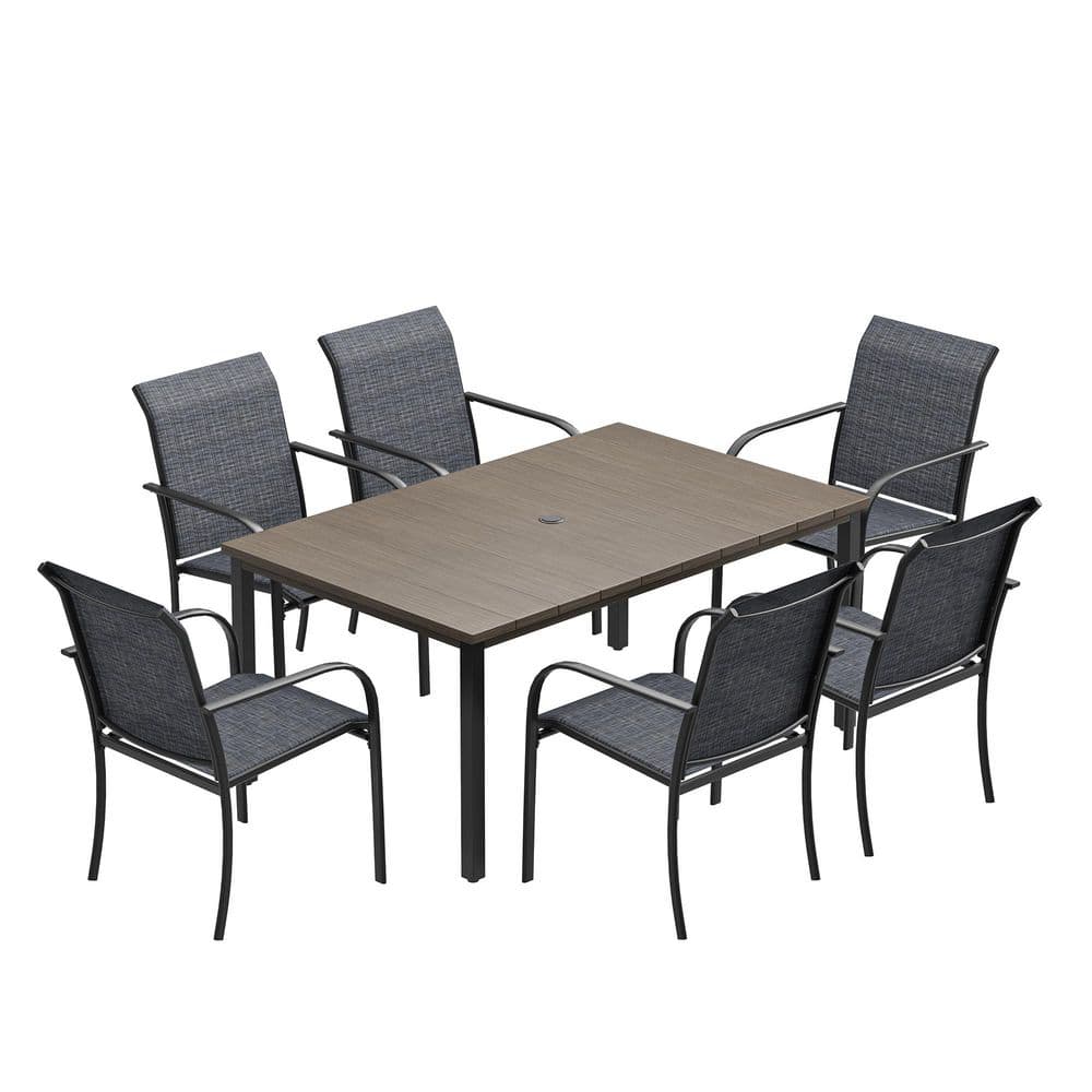 7-Piece Patio Dining Set with 63 in. Grey Wood-Like Metal Rectangular Table and 6-Grey Stackable Dining Chairs Outdoor