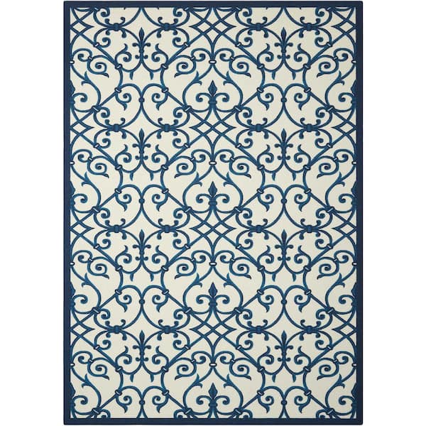 Nourison Home and Garden Blue 8 ft. x 11 ft. Floral Transitional Indoor/Outdoor Patio Area Rug