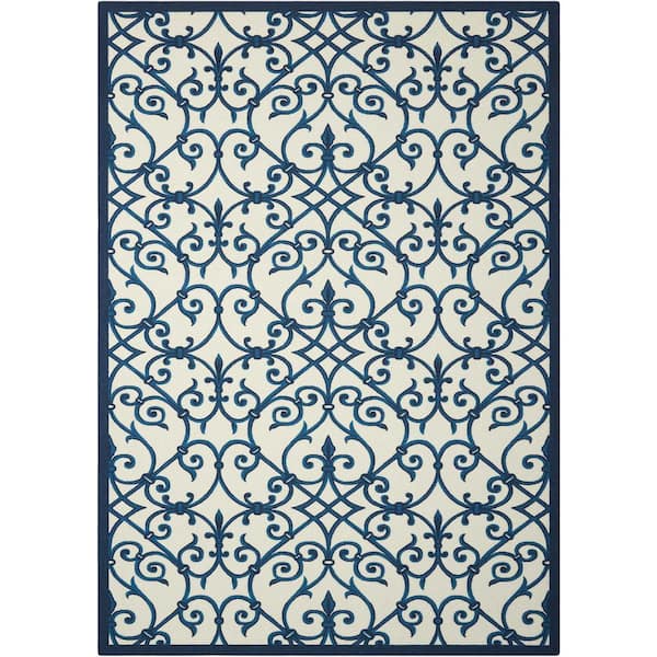 Home and Garden Blue 10 ft. x 13 ft. Trellis Transitional Indoor/Outdoor Patio Area Rug
