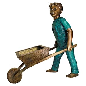 29 in. H Wheelbarrow Willie Garden Boy Cast Bronze Garden Statue