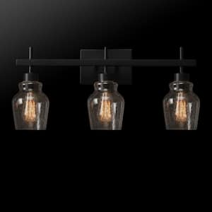 Bunbury 24 in. 3-Light Matte Black Vanity Light with Seeded Glass Shades, 4-Piece Bathroom Accessory Set Included
