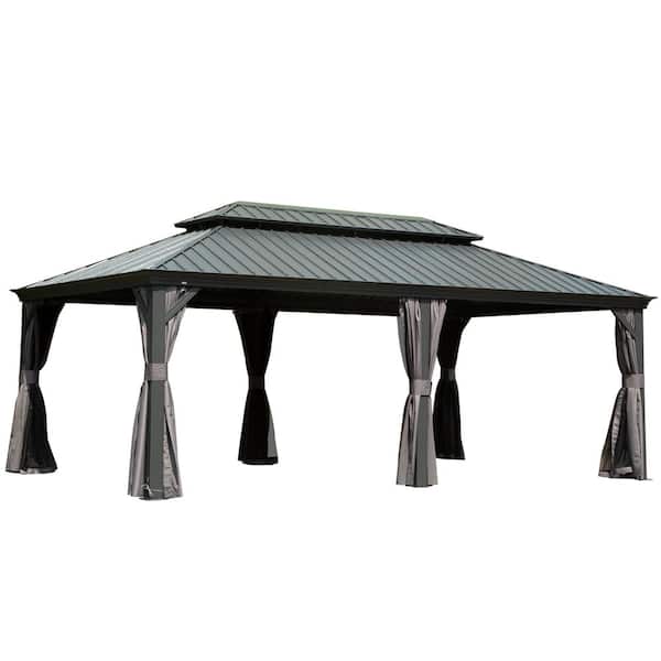14 ft. x 20 ft. Modern Hardtop Gazebo with Double Galvanized Steel Roof, Rust-Resistant Frame, Curtains & Netting, Grey