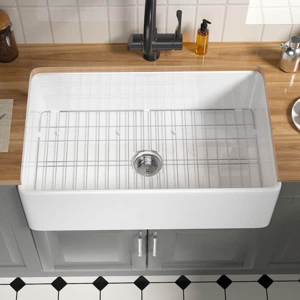 Fireclay Farmhouse Sink 33 in. Single Bowl Crisp White Fireclay Kitchen Sink Apron Front with Strainer and Bottom Grid