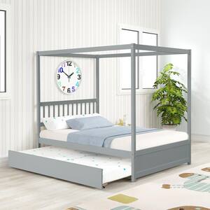 79.5 in. W Gray Non-upholstered Wood Frame Full Canopy Bed with Twin Trundle