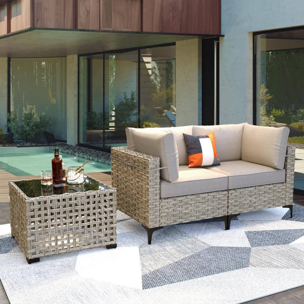 Supery Gray 3-Piece Wicker Patio Conversation Set with Beige Cushions and Coffee Table price history on PriceWatchPro