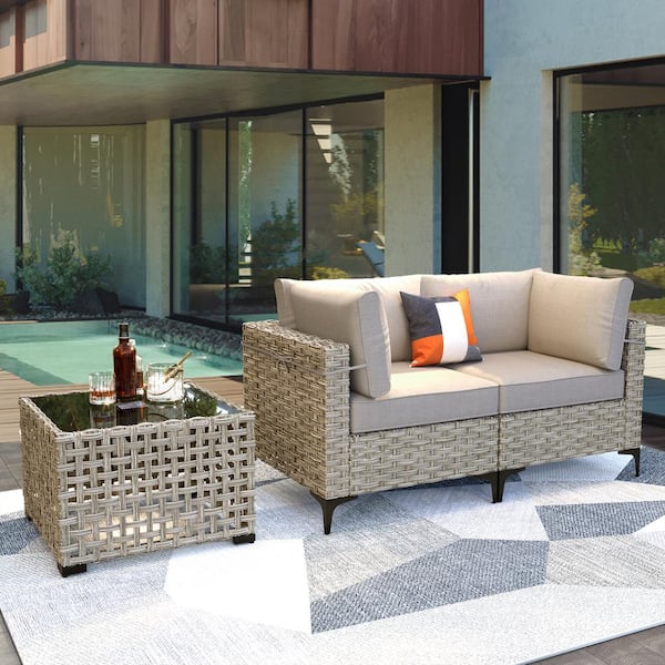 Supery Gray 3-Piece Wicker Patio Conversation Set with Beige Cushions and Coffee Table