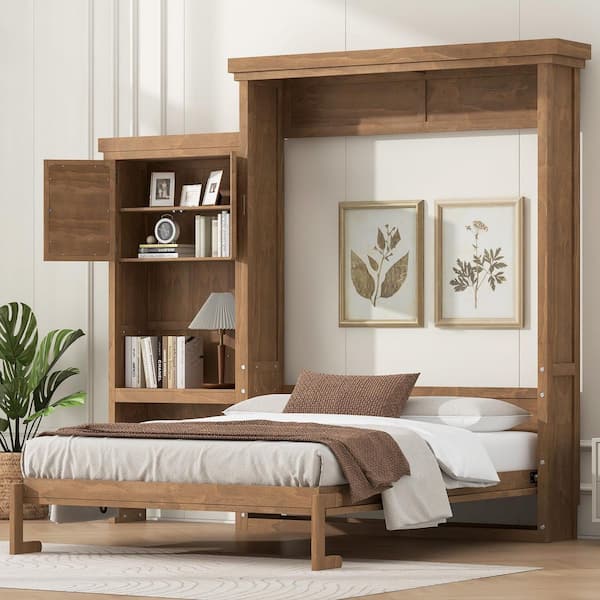 Wood Brown Wood Frame Queen Size Murphy Bed with Multiple Storage Shelves and Louvered Style Decoration