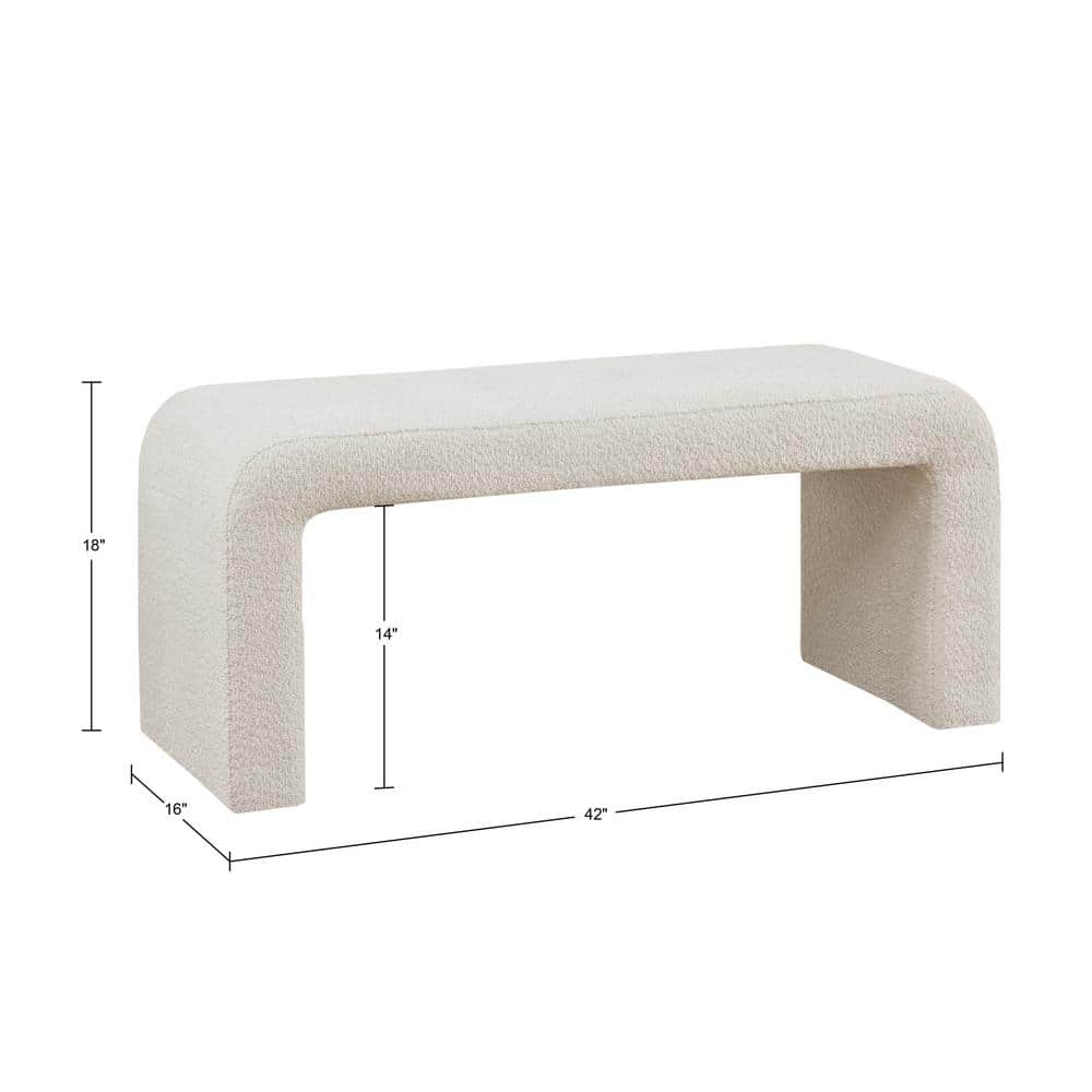 Cream Boucle Upholstered Waterfall Bench with Rounded Corners