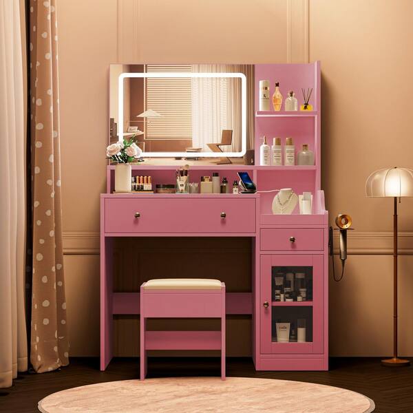 Armocity Vanity Desk With Lighted Mirror - 2 Drawers, Pink, Makeup Dressing Table - View #10