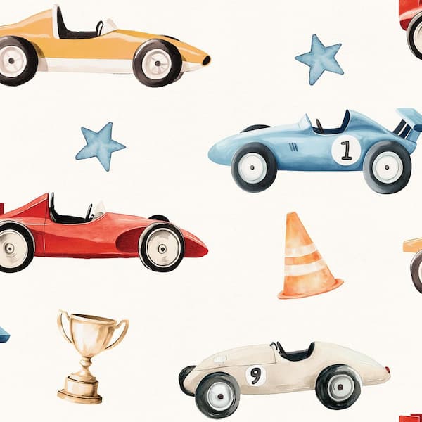 Vintage Race Cars Cream Ground Peel and Stick Wallpaper