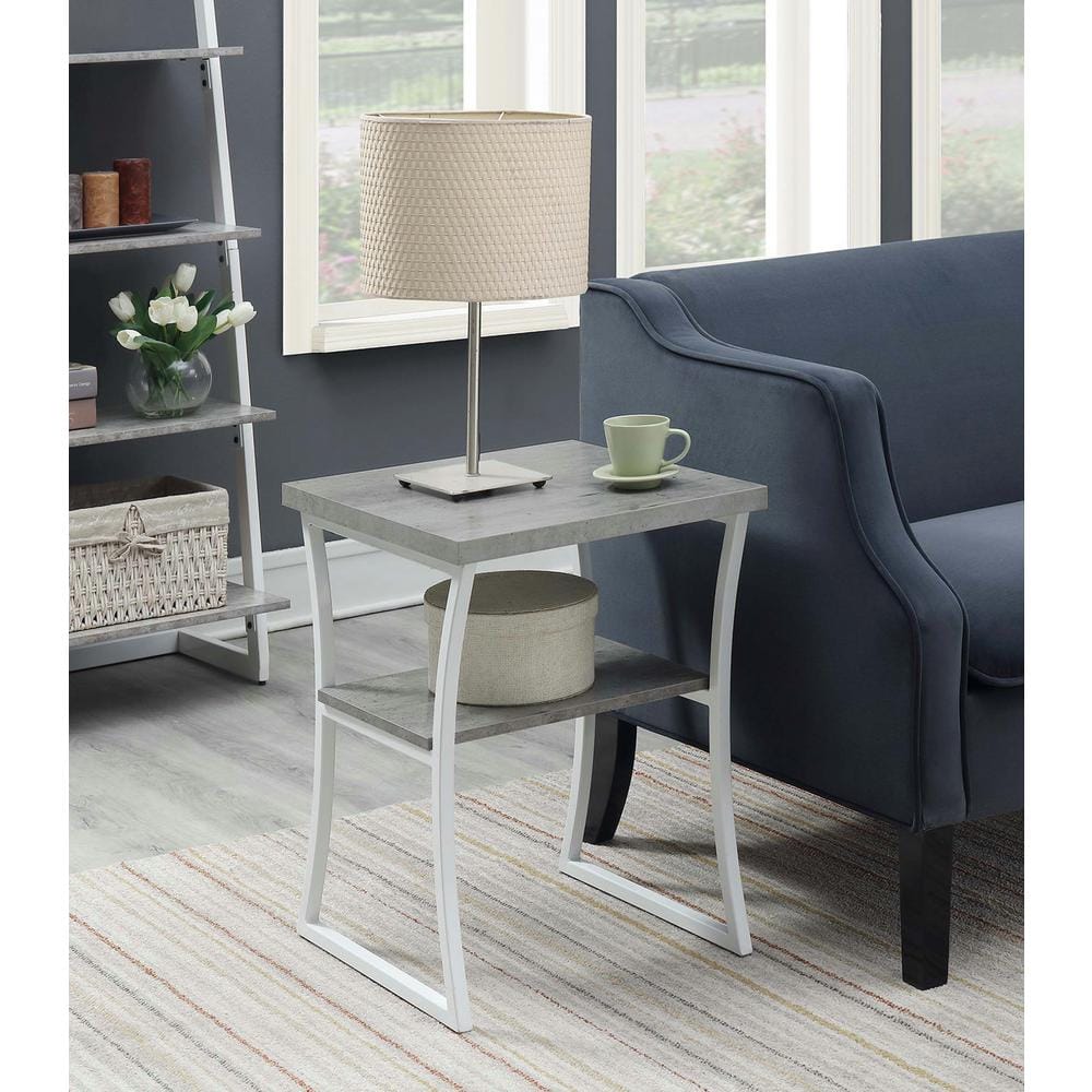 Gray Faux Birch Wood and White Metal Frame End Table