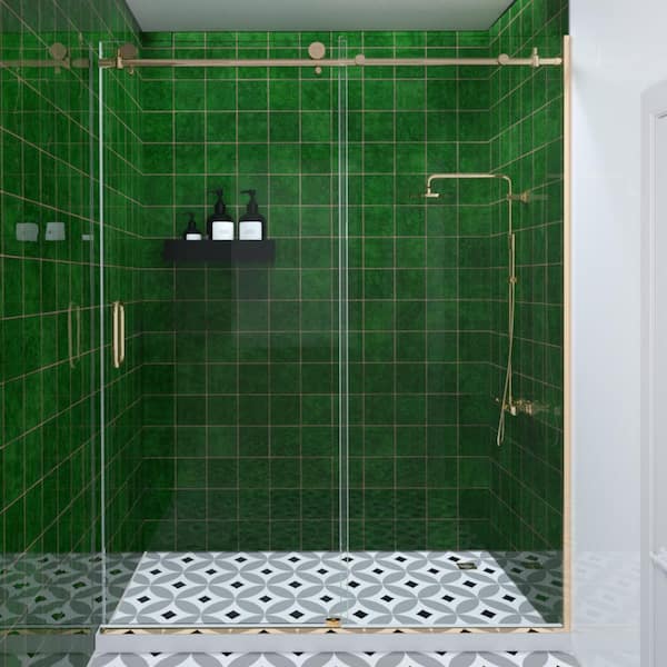 Hermitage Bath Bodum 60 in. W x 76 in. H Sliding Semi-Frameless Shower Door in Gold Finish with Clear Glass