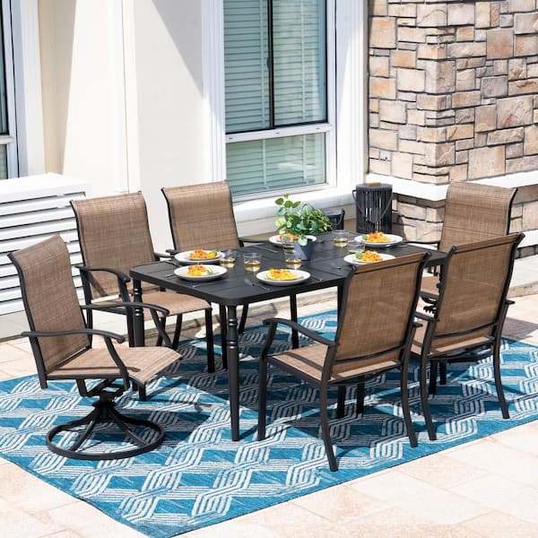 Black 7-Piece Textilene and Metal Rectangle Outdoor Dining Set with Umbrella Hole