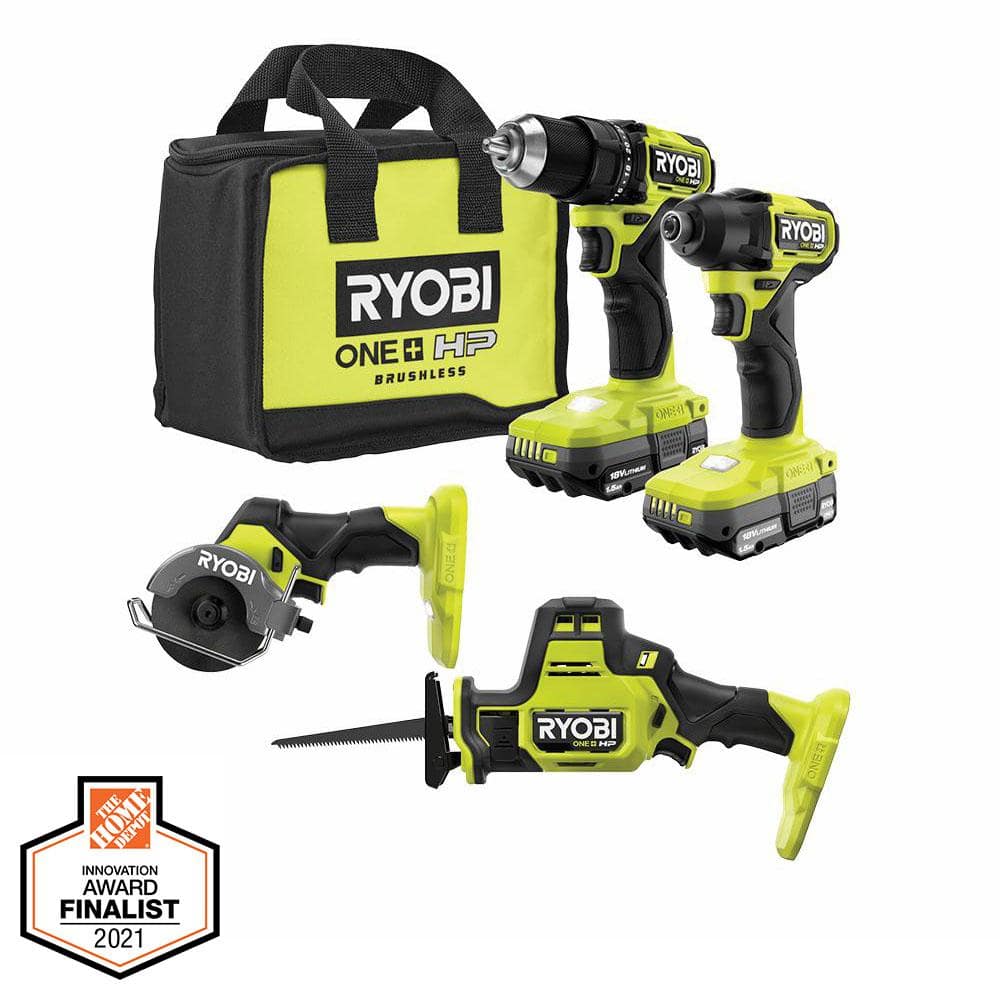 RYOBI ONE+ HP 18V Brushless Cordless Compact 4-Tool Combo Kit with (2) 1.5 Ah Batteries, Charger, and Bag -  ONE+HP4Tool