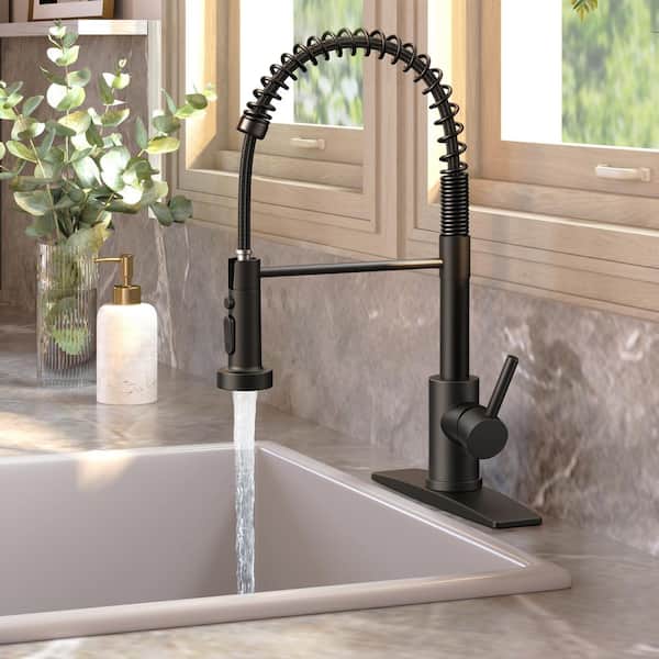 Single-Handle Pull Down Sprayer Coil Spring High-Arc Kitchen Faucet with Deckplate Lead-Free Sink Faucet in Matte Black
