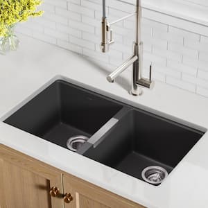 Undermount Granite Composite 33 in. 50/50 Double Basin Kitchen Sink Kit in Black