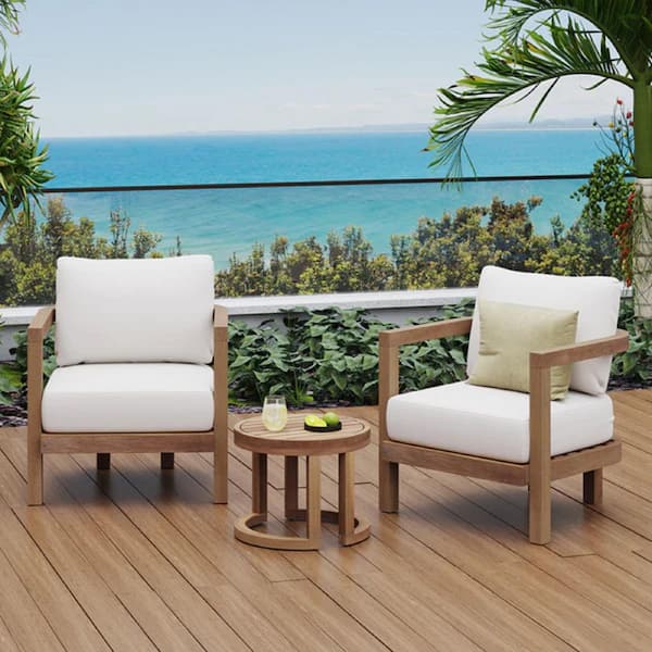 Coporesell 3-Piece Acacia Wood Patio Conversation Set with Beige Cushions