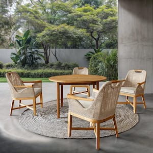 Sydney 5-Piece Teak Wood Outdoor Dining Set with Round Table Tan Cushion