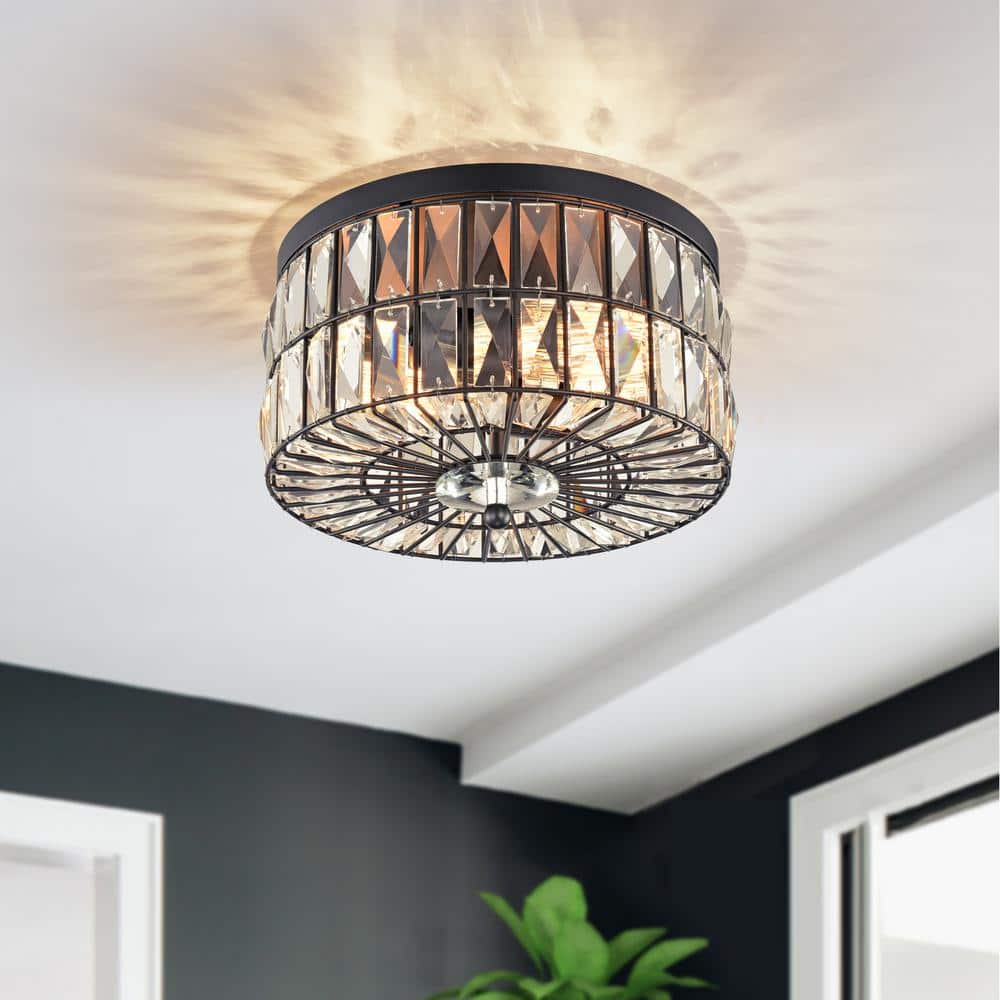 Matte Black Crystal Drum Flush Mount Ceiling Light