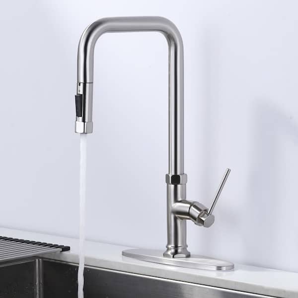 Single Handle 2 Water Modes Pull Down Sprayer Kitchen Faucet with Stainless Steel And Brass in Brushed Nickel
