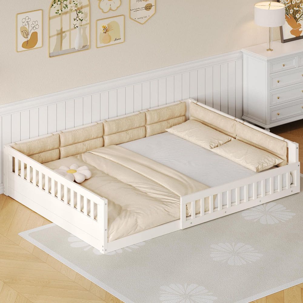 Beige Wood Frame Upholstered Full Platform Bed with Guardrail and Pillow