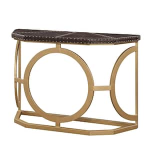 Solara 49.6 in. Brown Top Grain Leather & Gold Finish Rectangle Wood Console Table with