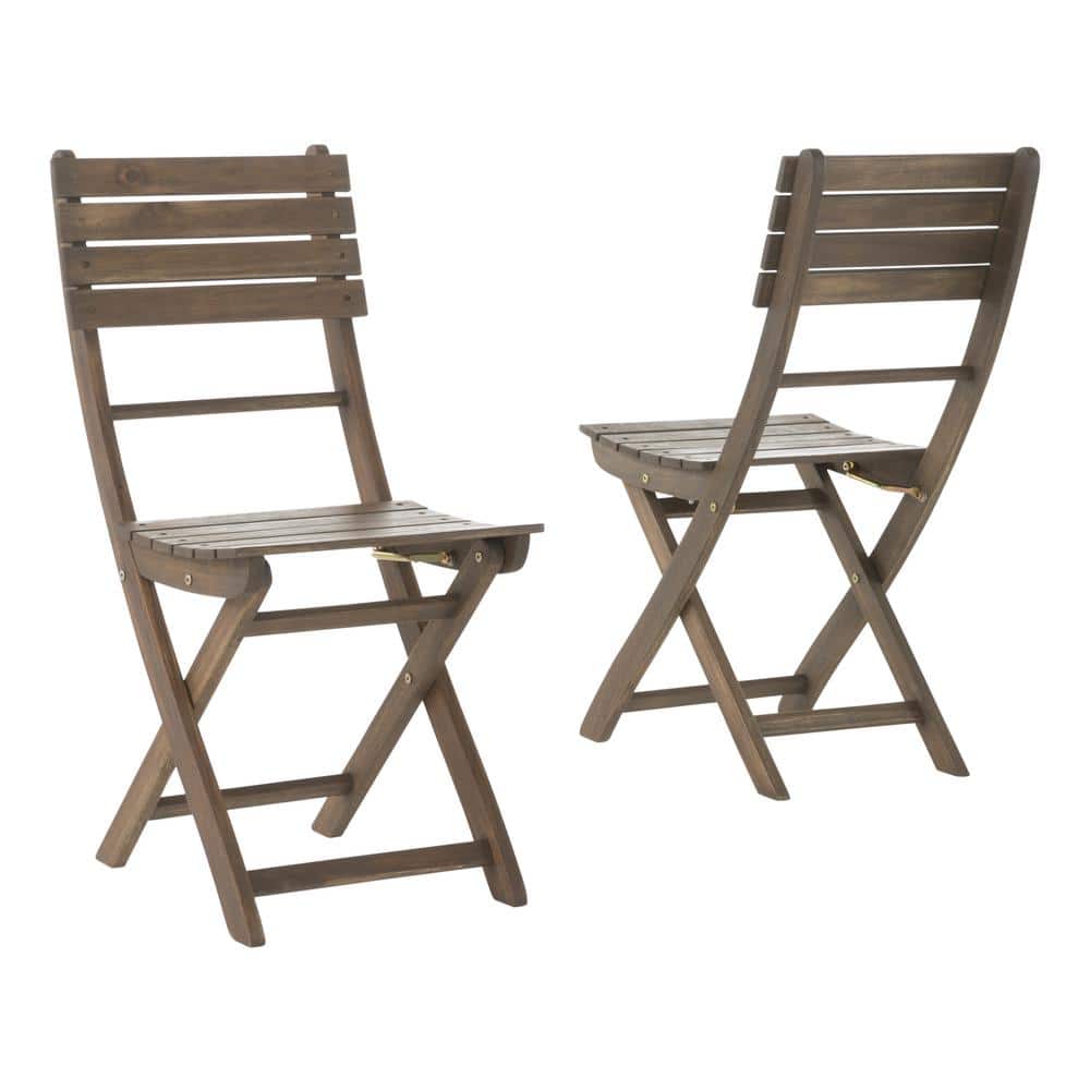 2-Piece Grey Foldable Acacia Wood Patio Outdoor Dining Chairs