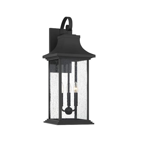 Savoy House Hancock 10.5 in. W x 27.75 in. H 3-Light Matte Black Hardwired Outdoor Wall Lantern Sconce with Clear Seeded Glass Shade
