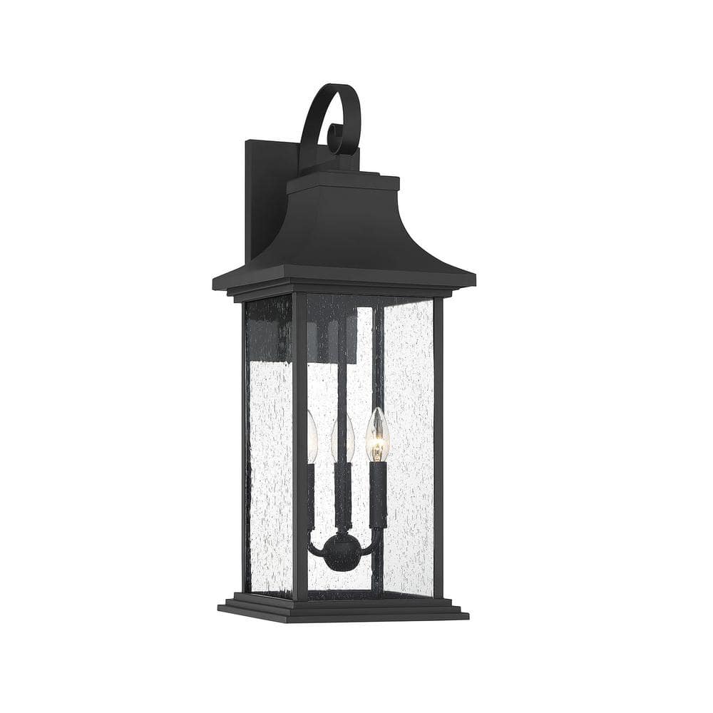 Hancock 10.5 in. W x 27.75 in. H 3-Light Matte Black Hardwired Outdoor Wall Lantern Sconce with Clear Seeded Glass Shade price history on PriceWatchPro