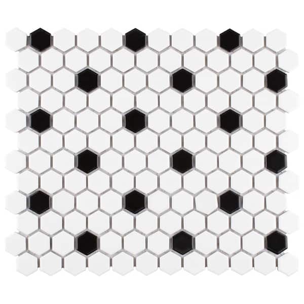 Merola Tile Madison Hex Matte 11-7/8 in. x 10-1/4 in. x 6 mm Cool White with Black Dot Porcelain Mosaic Tile (0.85 sq. ft./Each)