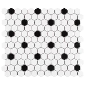 Madison 1 in.  Hex Matte Cool White with Black Dot 6 in. x 6 in. Porcelain Mosaic Take Home Tile Sample