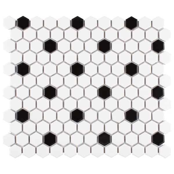 Madison 1 in. Hex Matte Cool White with Black Dot 6 in. x 6 in. Porcelain Mosaic Take Home Tile Sample