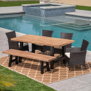 Sina Brown 6-Piece Faux Rattan Outdoor Dining Set with Beige Cushions