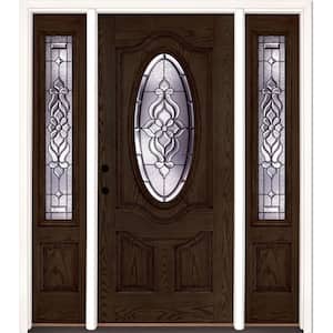 67.5 in.x81.625 in. Lakewood Patina 3/4 Oval Lt Stained Walnut Oak Right-Hand Fiberglass Prehung Front Door w/Sidelites