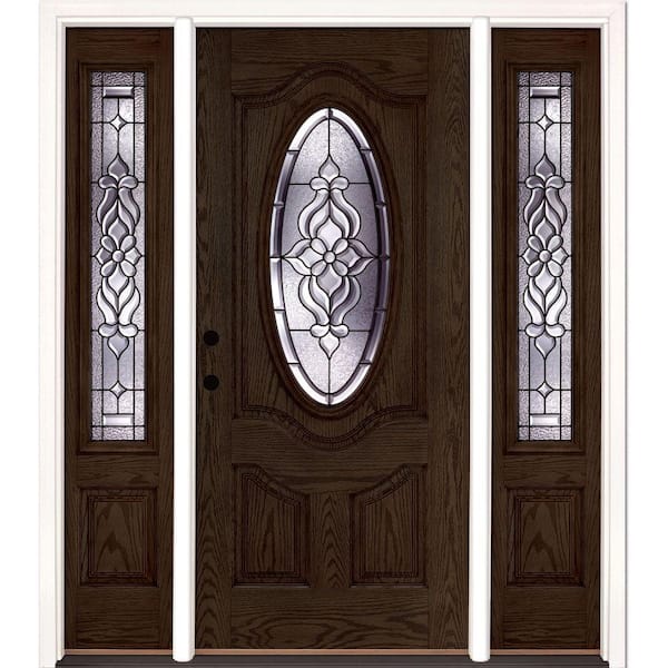 Feather River Doors 67.5 in.x81.625 in. Lakewood Patina 3/4 Oval Lt Stained Walnut Oak Right-Hand Fiberglass Prehung Front Door w/Sidelites