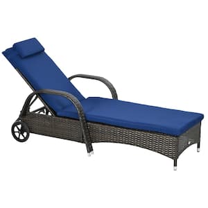 Brown Wicker Outdoor Chaise Lounge with 5-Level Adjustable Backrest Wheels Dark Blue Cushions and Headrest1-Pack
