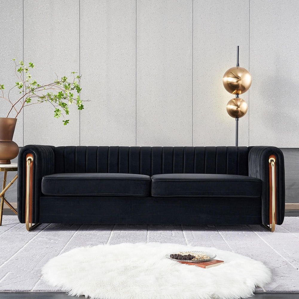 Solitary Modern 84.25 in. Round Arm Velvet Upholstery Rectangle Sofa in Black with Tufted Back, Gold Metal Legs price history on PriceWatchPro