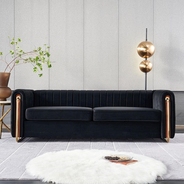 Solitary Modern 84.25 in. Round Arm Velvet Upholstery Rectangle Sofa in Black with Tufted Back, Gold Metal Legs